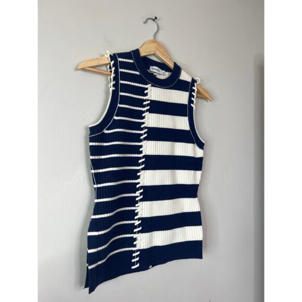 NEW Simkhai Joelene Asymmetric Fitted Striped Wool-Blend Top Navy Blue Size: XS - Picture 3 of 7